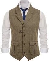 mens suit brown vest lapel wool herringbone retro tooling vest waistcoat casual formal business groomman for wedding working