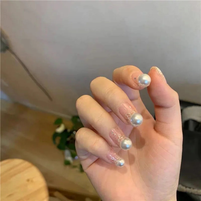 

Блестящий Золотой чистый цвет с жемчугом 3d декорированные накладные ногти невесты французский falsen ногти 24 шт с клеем женские полные ногти