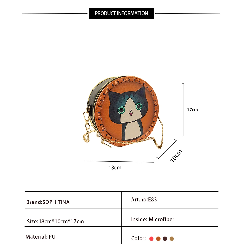 

SOPHITINA Fashion Women Shoulder Bags Round Cartoon Animal Prints Zipper Metal Chain Women's Bags Party Messenger Bags Women E83