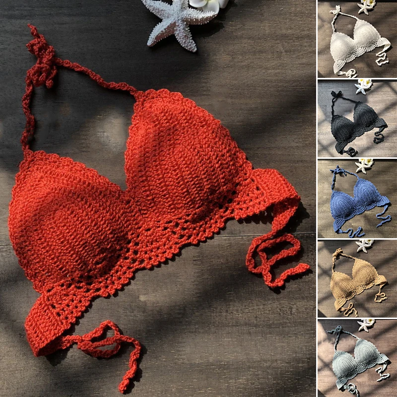 Biquinis feminino удобные повседневные топы бикини с лямкой через шею, 6 цветов, ручная вязка, летний бюстгальтер, смесь хлопка, пляжная одежда