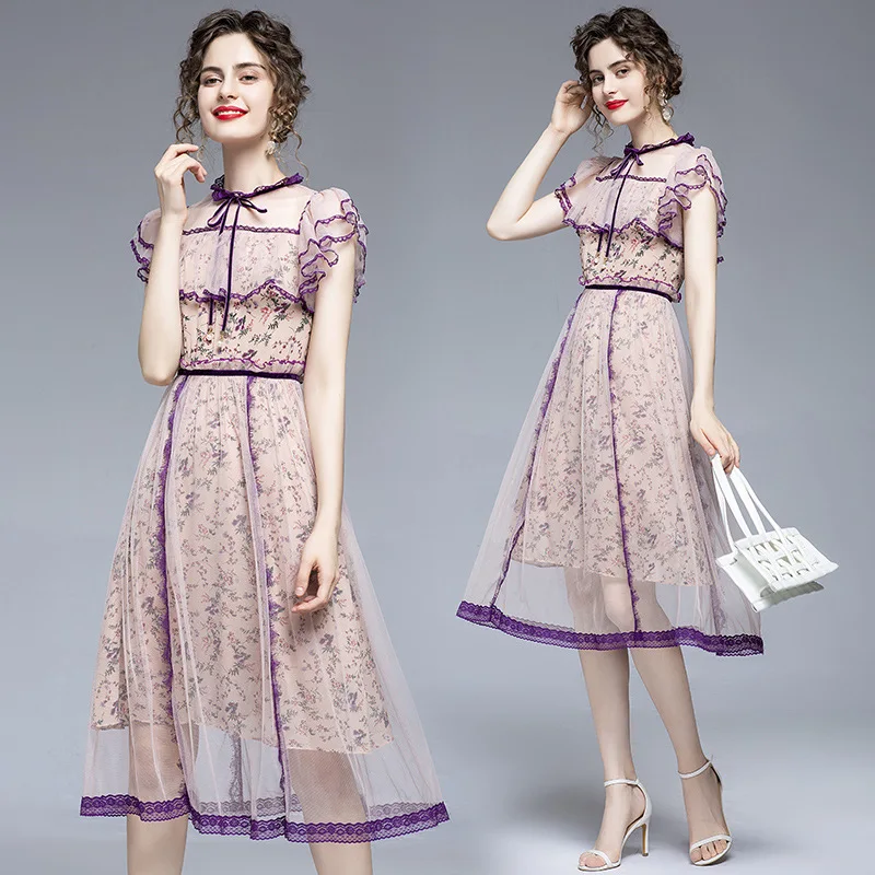 

Floral lace lace-up ruffled short-sleeved high-waist stitching mesh dress women's 2020 summer new round neck temperament dress