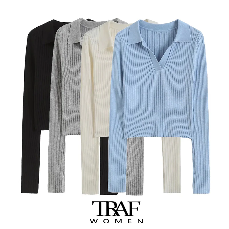 

TRAF Women Fashion Fitted Crop Knit Sweater Vintage Polo Collar Long Sleeve Female Pullovers Chic Tops