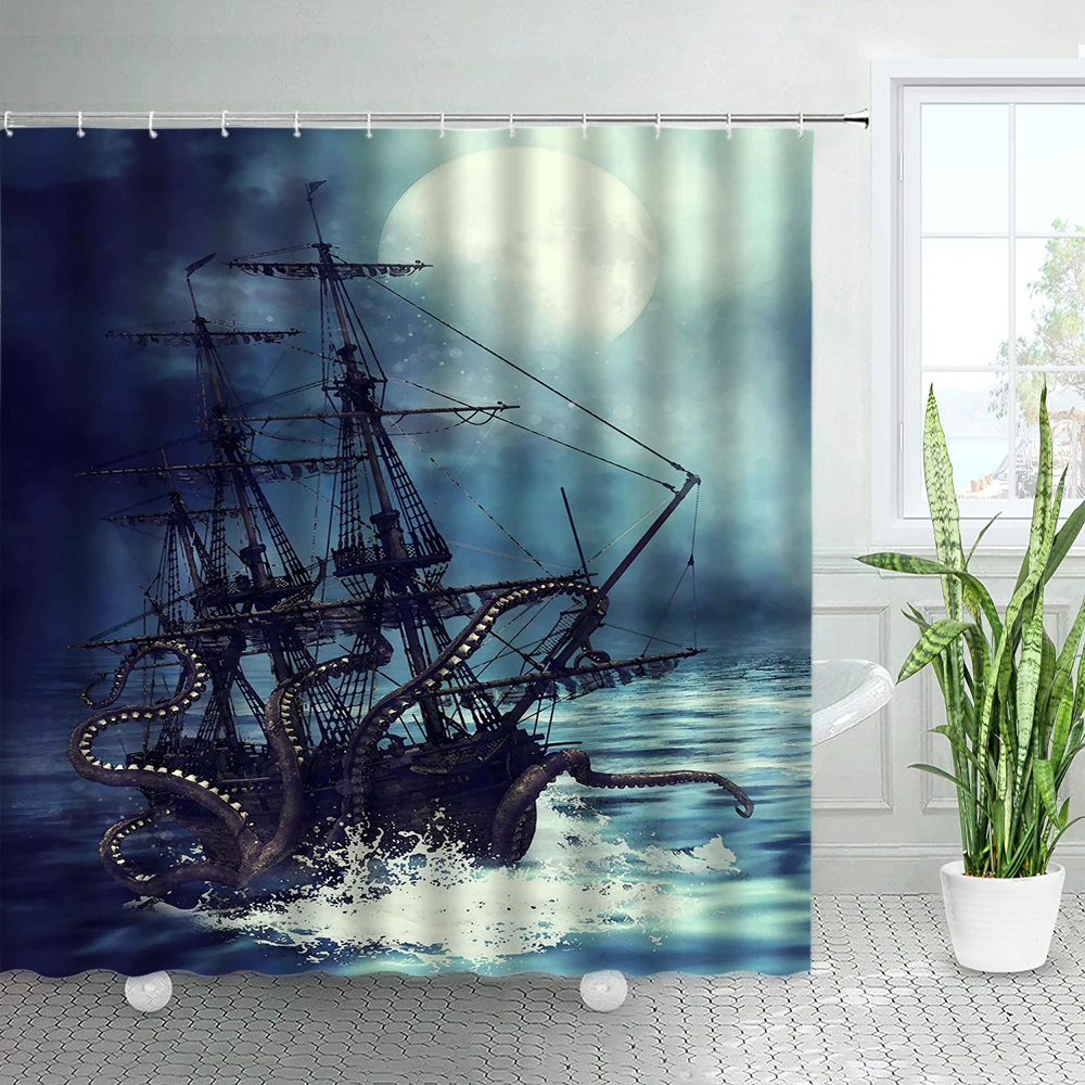 

Nautical Sailboat Shower Curtain Set Giant Octopus Attack Ship Print Bathroom Decor for Mens and Boy Ocean Animal Bath Curtains