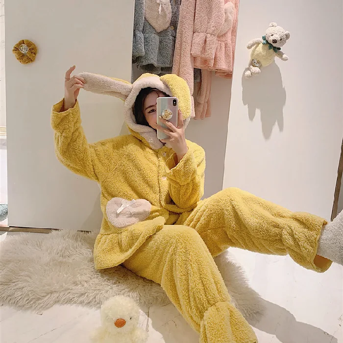 

Pajamas ladies fall/winter hooded rabbit ears plush sweet and warm can wear home clothes nightwear Coral fleece sleepwear set