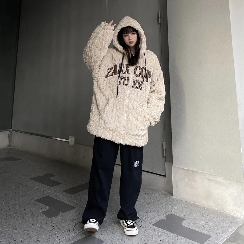 Women Hoodies Cottom Jacket American Embroidered Letter Hooded Thicken Plush Baseball Jacket Women's Winter Cotton Jacket