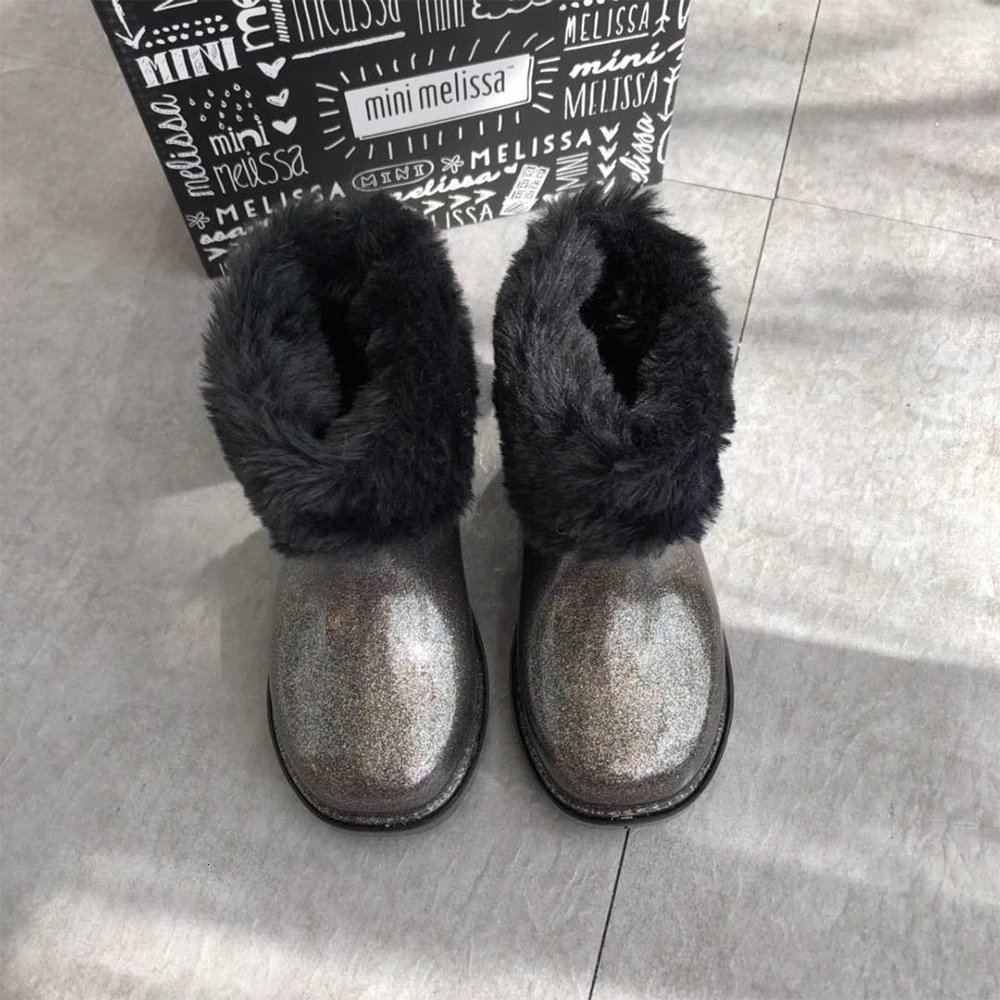 Mini Melissa/зимние теплые ботинки для девочки, зимние ботинки для мальчика для детей, г. Новая детская обувь принцессы для малышей Милая нескользящая обувь на плоской подошве для маленьких девочек - Цвет: Black