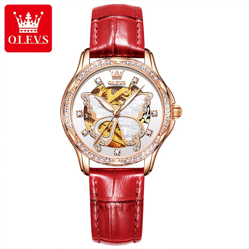 

OLEVS New Casual Fashion Ladies Automatic Mechanical Watch Diamond Butterfly Dial 30M Waterproof Leather Strap Watches 6622