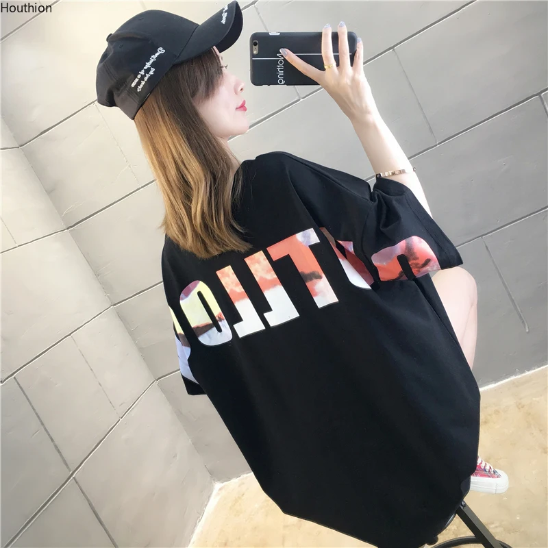 

Женская хлопковая Футболка с принтом Houthion, Свободный Топ с короткими рукавами, модная Новая повседневная Корейская футболка с круглым выре...