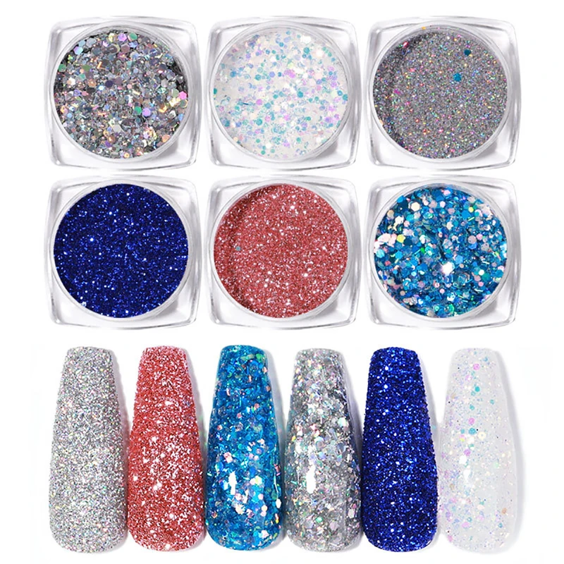 

6Pcs/Set Nail Glitters Set Blue Siliver Holographics Shiny Luxury Sparkles Nail Powder Flake 3D Nail Art Sequins DIY Decoration