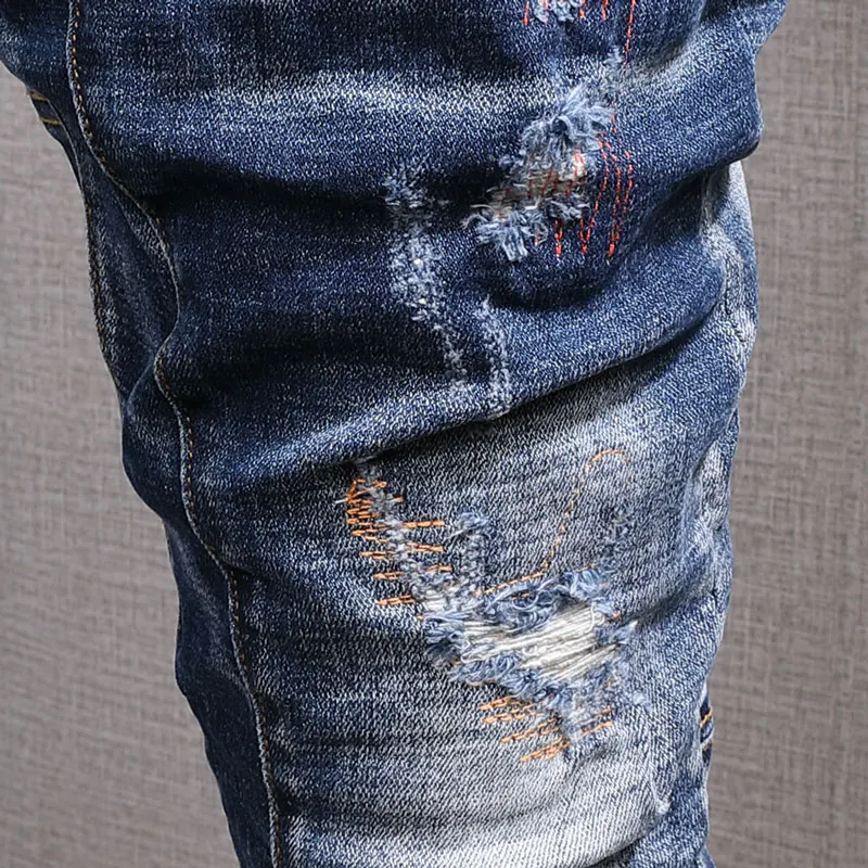 European American Street Fashion Men Jeans Retro Blue Elastic Slim Ripped Jeans Men Spliced Designer Hip Hop Denim Punk Pants