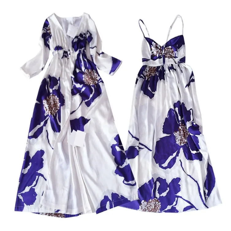 

New Spring and Autumn Silk Robe Set Long Nightgown Women Two-Piece Sexy Nightdress Pajamas Lady's Home Sleepwear Long Robe