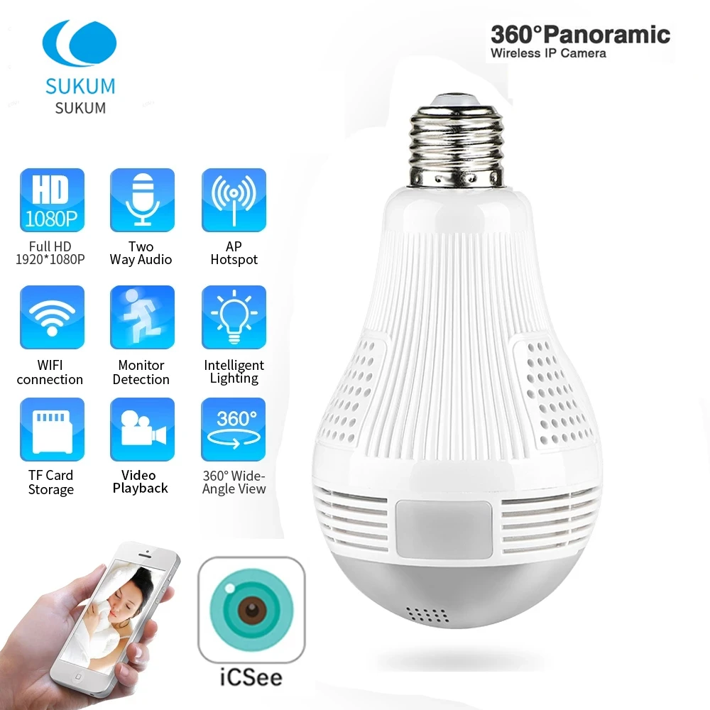 

3MP ICSee WIFI 360 Camera Indoor Smart Home CCTV Fisheye Lens Two Ways Audio Wireless Panoramic E27 Bulb Camera