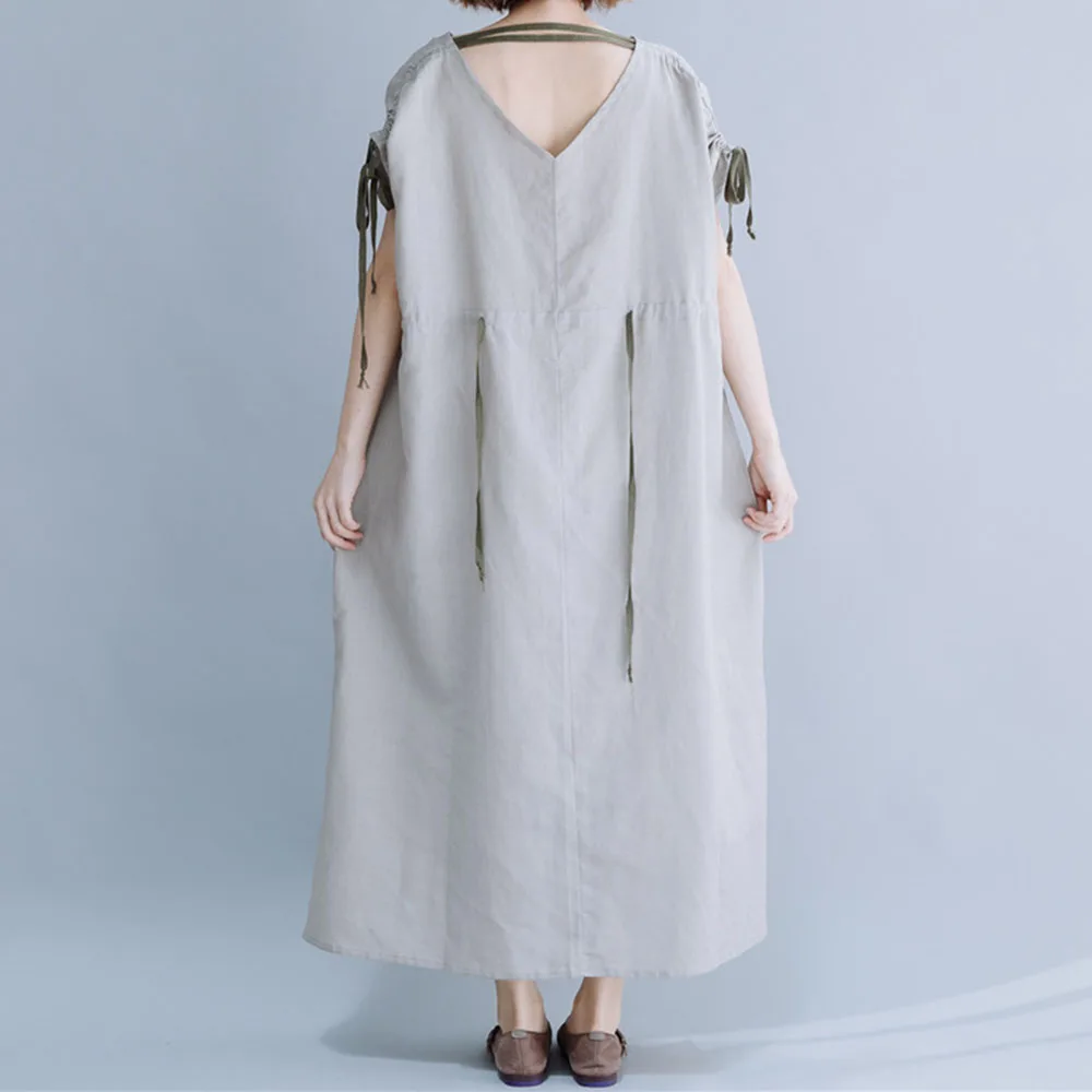 

Summer Gray Loose Dress V-neck Waist Long Dresses Simple Retro Maxi Vestidos Short-sleeved A-line Skirt 2021 Korean Japan Style