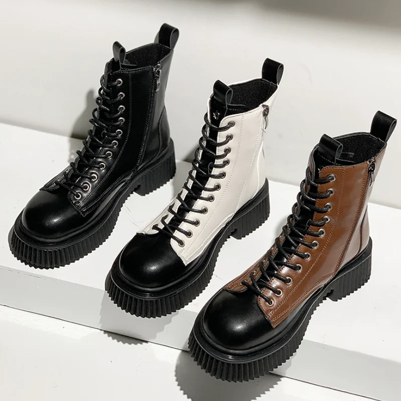 

Women Boots Fashion Genuine Cow Leather Women Shoes All-match Thick Heel Casual Woman's Ankle Boots Lace Up Platform Shoes 2021