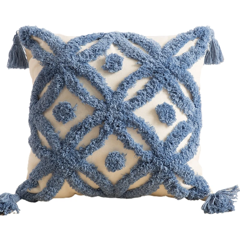 

34YB Boho Woven Tufted Matts Plaid Pillow Case Tassel Decorative Square Cushion Cover