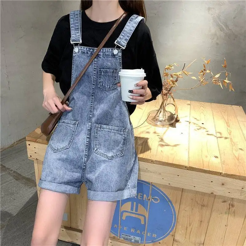 

Rompers Women Denim Distressed Loose Wide Leg Summer Casual Overalls Students Streetwear All-match Trendy Chic High Waist Simple