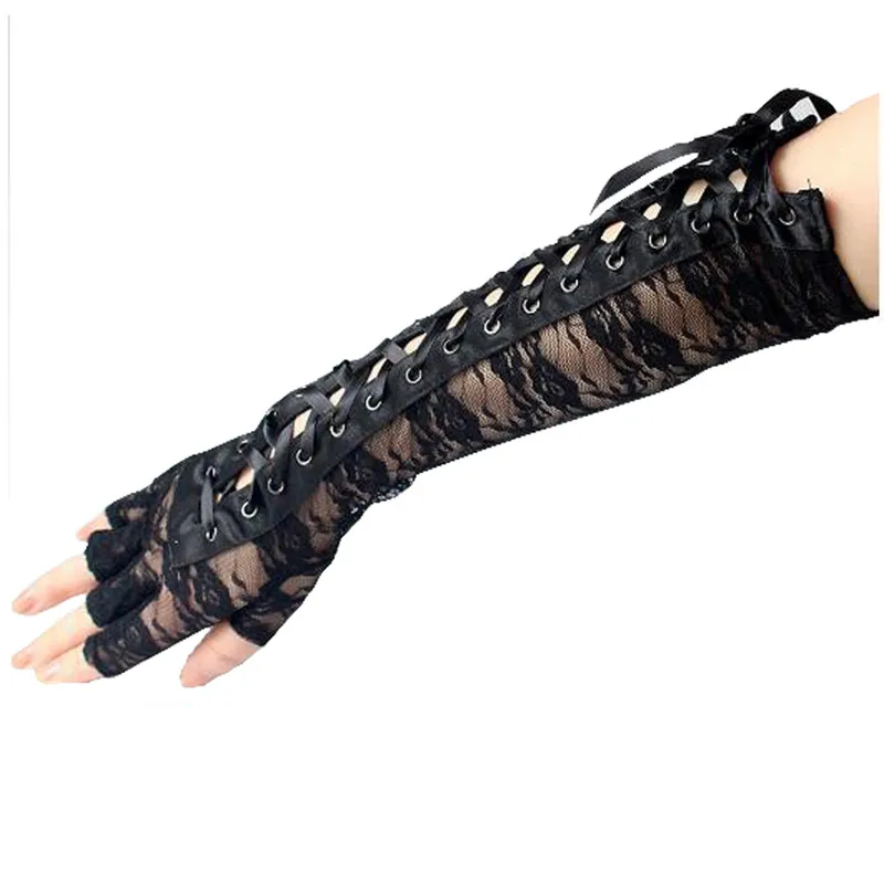 

Half Finger Nightclub Gloves Sexy Long Black Lace Ribbon Rivet Gloves Handschoenen Satin Opera Evening Party Prom Costume Glove