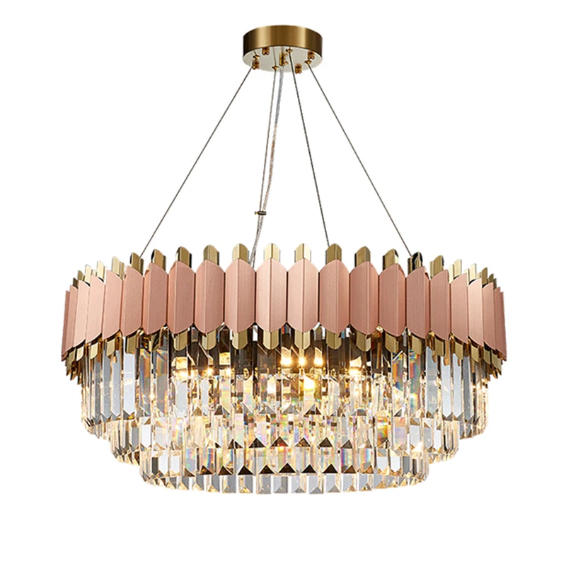 

LED E14 Modern Pink Stainless Steel Round Crystal Chandelier Hanging Light Lamp Lustre Suspension Luminaire For Dinning Room