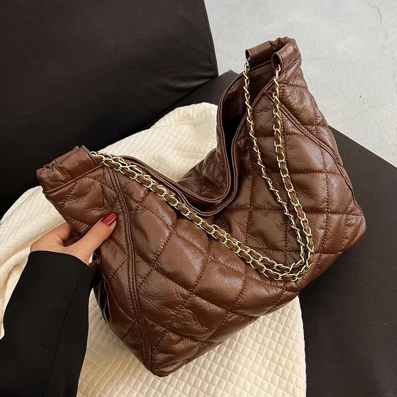 

Brand Diamond Grain Chain Women Handbags large capacity Luxury Totes Big Lady Soft PU Leather Warm Shoulder Satchels Bags brown