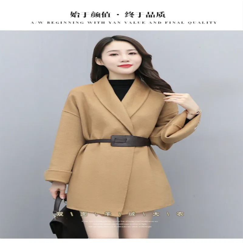 

cashmere vintage Winter mid-length long-sleeved V-neck slim-fitting lace-up solid color double-sided woolen temperament coat