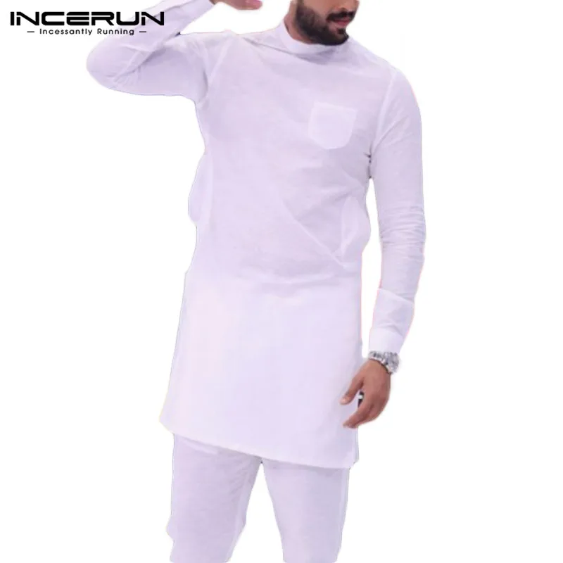 INCERUN Fashion Men T Shirt Solid O Neck Long Sleeve Pockets Hip-hop Tops Pakistan Casual Indian Long T-shirt Men Clothing