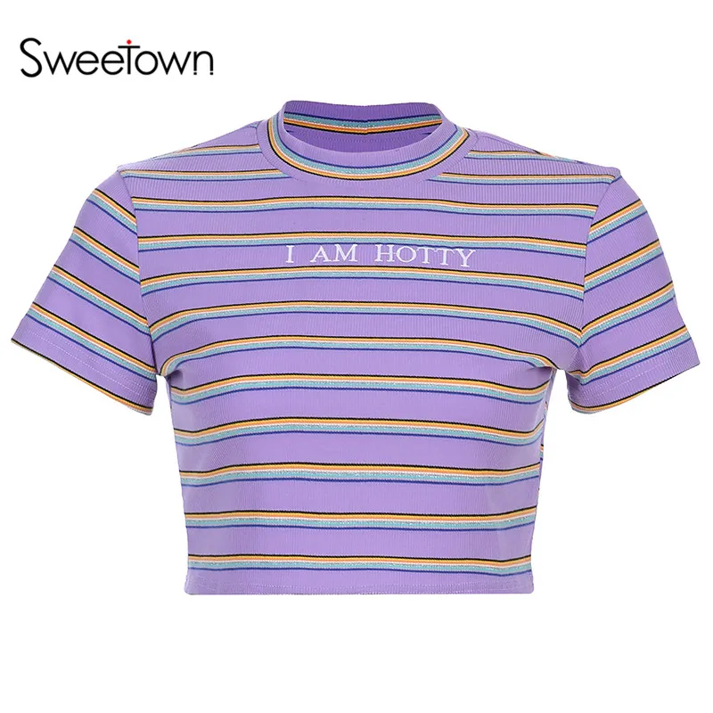 Sweetown Повседневная полосатая уличная футболка Женская водолазка с коротким рукавом Футболка с буквенным принтом Милая Футболка Harajuku Kawaii - Цвет: as picture