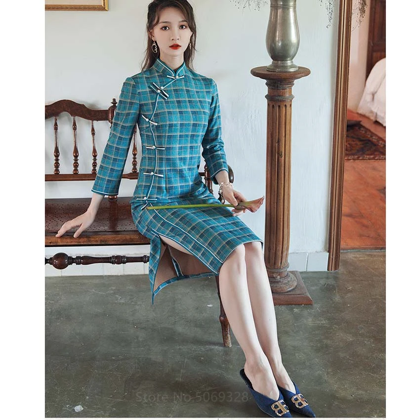 

Qipao Women Chinese Traditional Dress Elegant Vintage Plaid Oriental Robe Tight Casual Autumn Party Clothing Cheongsam