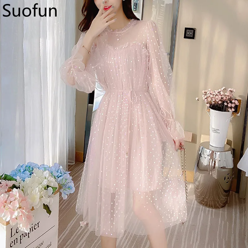 

Suofun Casual A-Line Pink Ruffles Dress A-Line Flare Sleeve 2021 New Spring Sequin Solid Women Chiffon Mesh Empire Stand Dress