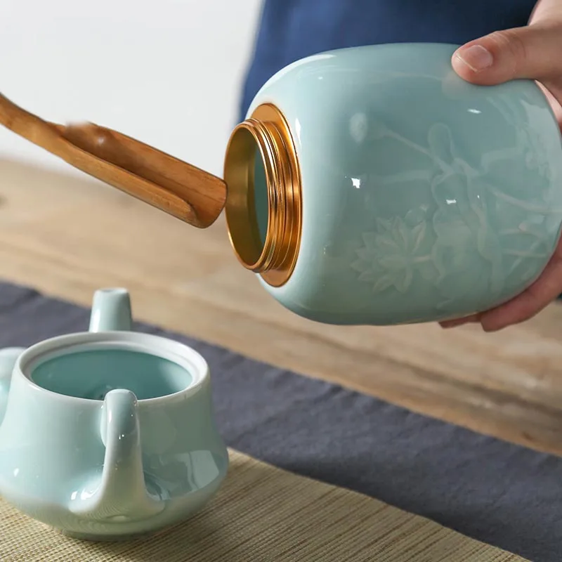 Чайные кадки Longquan Celadon с узором лотоса герметичные банки аксессуары для чайного