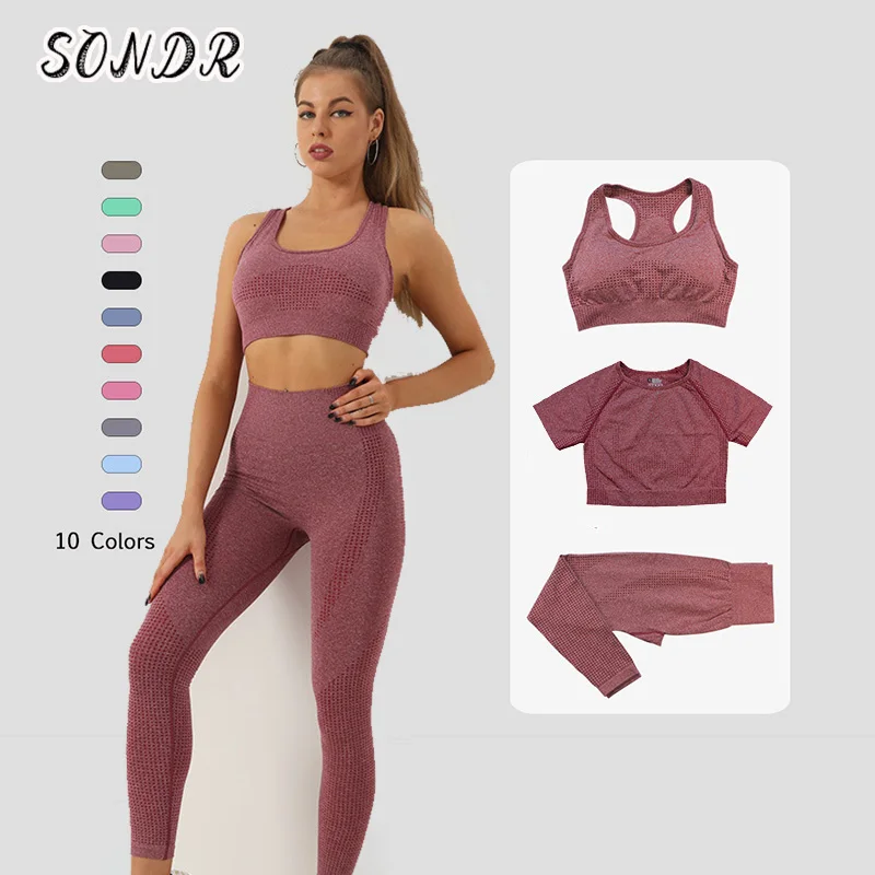 

SONDR 3 шт. комплекты для йоги Женская Спортивная одежда спортивные костюмы для фитнеса короткий топ с коротким рукавом Леггинсы для бега с выс...
