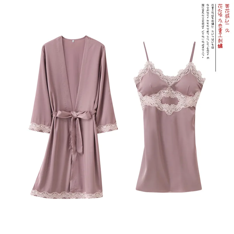 

2PCS Kimono Robe Gown Women Lace Sexy Nightdress Satin Bathrobe Sleepwear Soft Nightgown Spring Summer New Homewear Nightwear