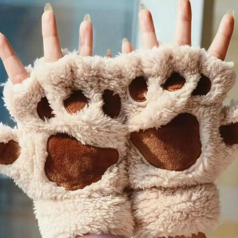 

Warmth Fingerless Plush Gloves Fluffy Bearr Claw / Cat Animal Paw Soft Warm Lovely Cute Half Finger Covered Gloves for Girls