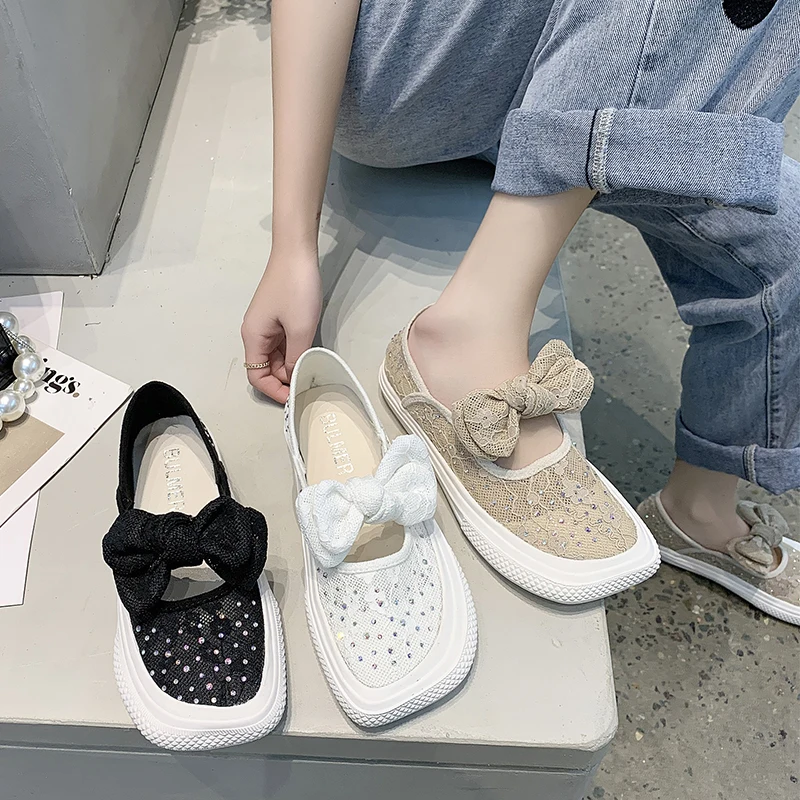 

Women's Sneakers Summer 2021 Shoes Woman-shoes New Slip-on Mesh Roses Casual Butterfly-knot Lace-Up Flat Square Toe Cotton Fabri
