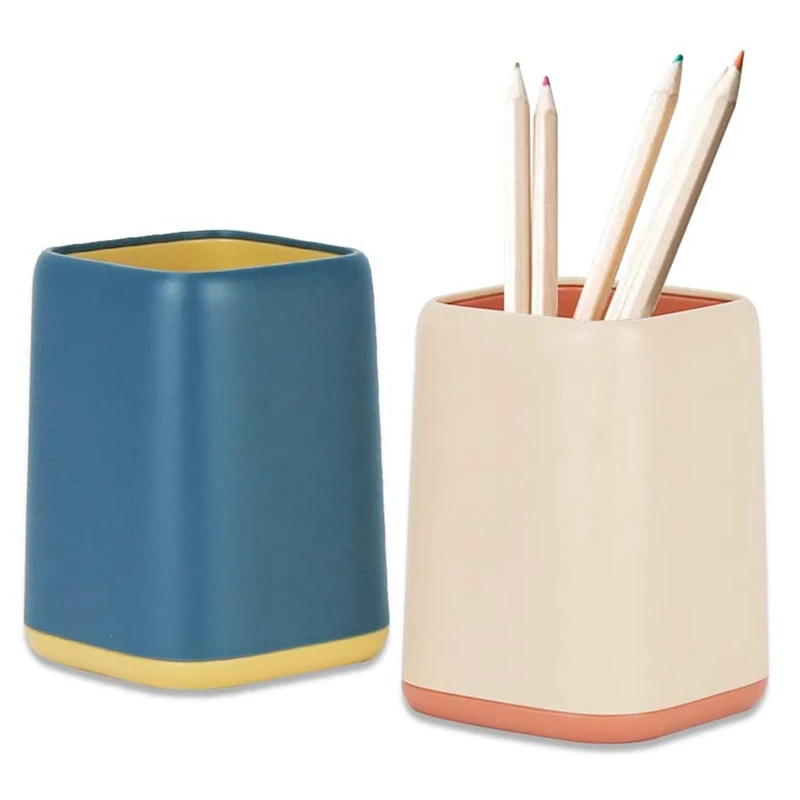 

2 Pack Desk Pen Pencil Holder Durable Cute Makeup Brush Holder For Office/Home/School (Blue+Pink)