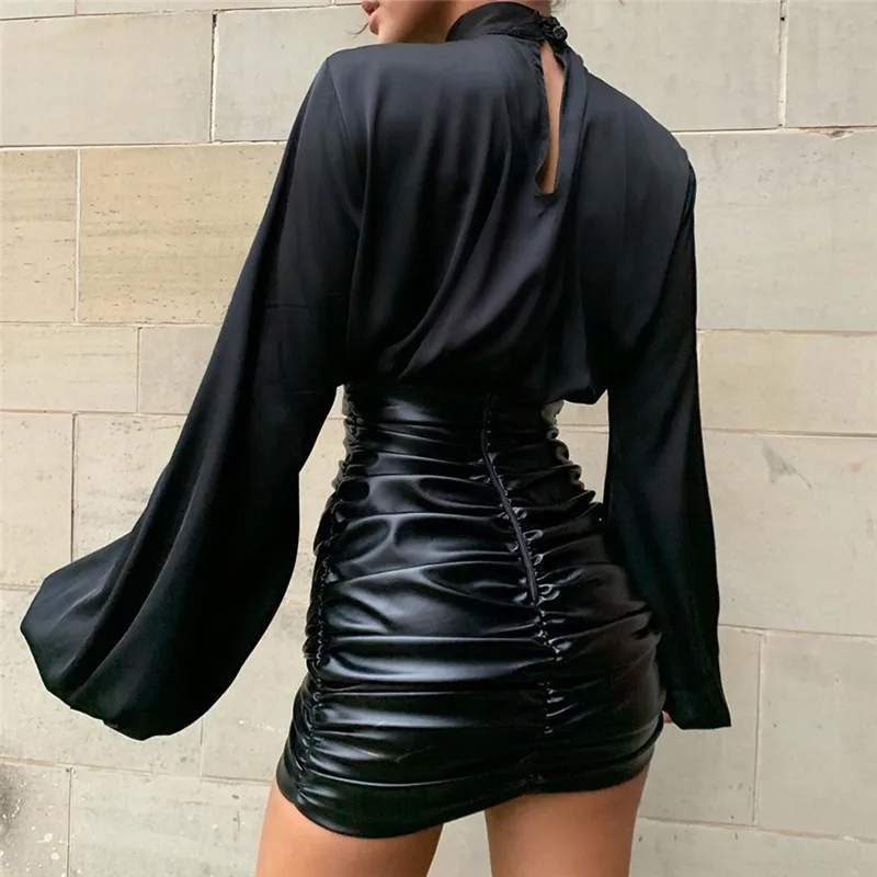 

ISAROSE Women Silk Blouses Fashion Short Shirt Turtleneck Long Lantern Sleeve Crop Tops Blouse Office Lady All-Match Clothing