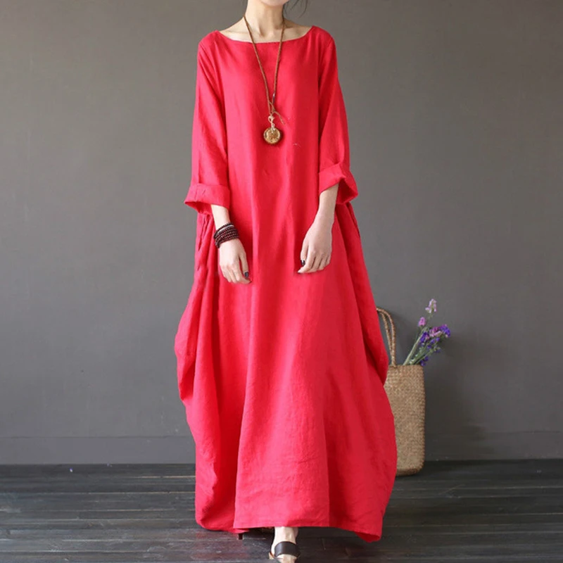 

Oversized Women Dress Baggy Plus Size 5xl Long Linen Dress Summer Sukienka Loose Casual Wear Vacation Dress Scoop Neck Pockets