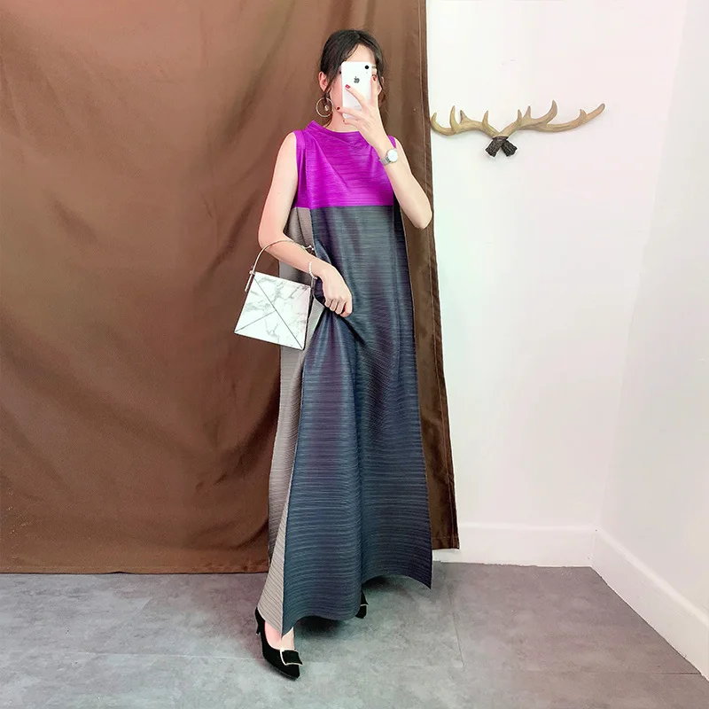 

Summer New Miyak Pleated woman dress Fashion Loose Large Size Color block Female A-line dress