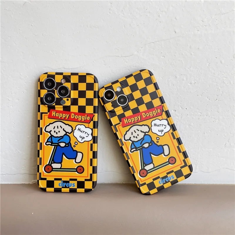 

Cartoon skateboard Dog Phone Case For iPhone 13 12 11 Pro X Xs Max Xr 7 8 Plus Cases Checkerboard Soft IMD Silicon Cover