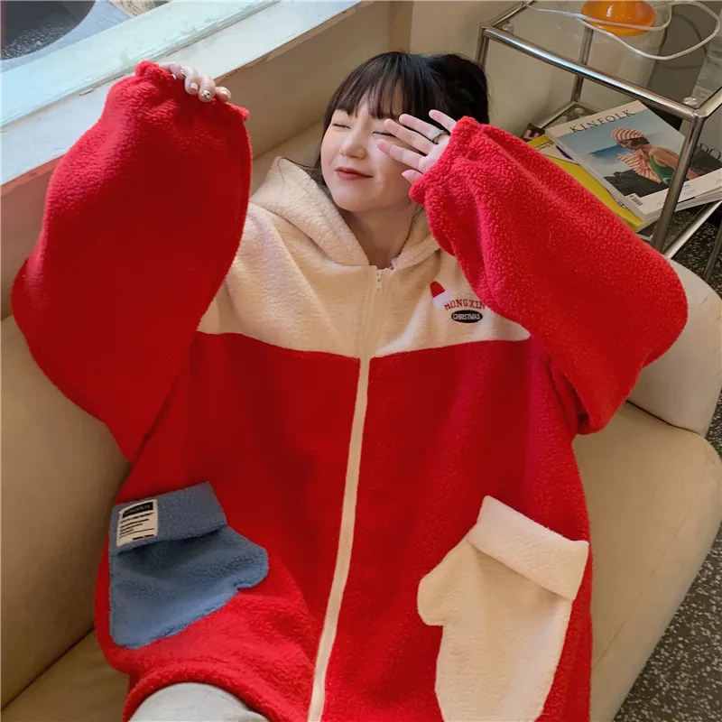 

Oversized Hoodies Sweatshirt Women Winter Hiphop Lamb Down Coat BF Fleece Plus Thick Pullover Oversize Women Hoody Sweatshirts