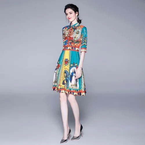 

Summer High Quality Fashion Runway Dress Women's Short Sleeve Elegant Floral Print National Style Turn-down Collar Lady Dresses