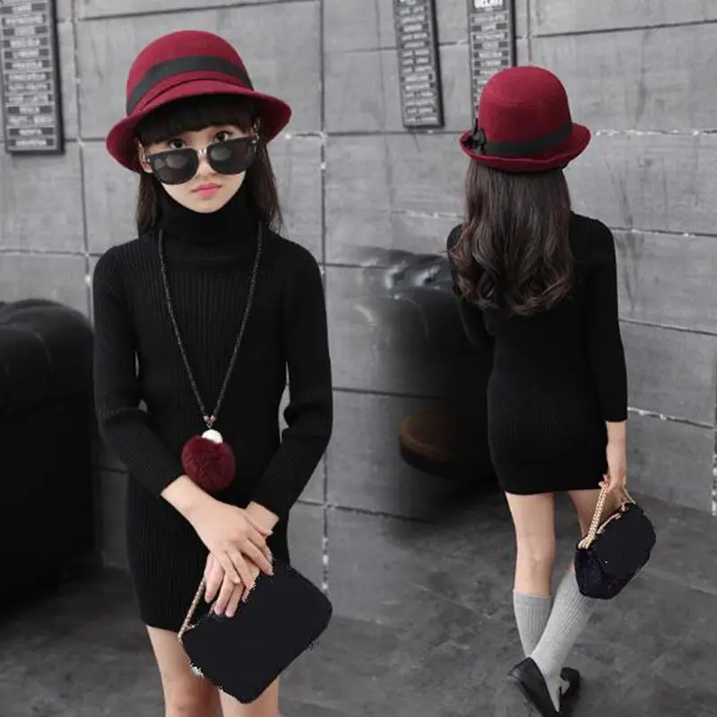 Трикотажное платье для девочек с длинным рукавом и высоким воротником вечерние