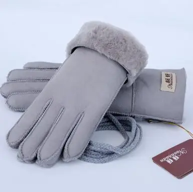 women light gray Мужская осенне-зимняя утолщенная теплая цельная шерстяная меховая кожаная перчатка Мужская зимняя брендовая шерстяная меховая рукавица R2218 - Цвет: women light gray