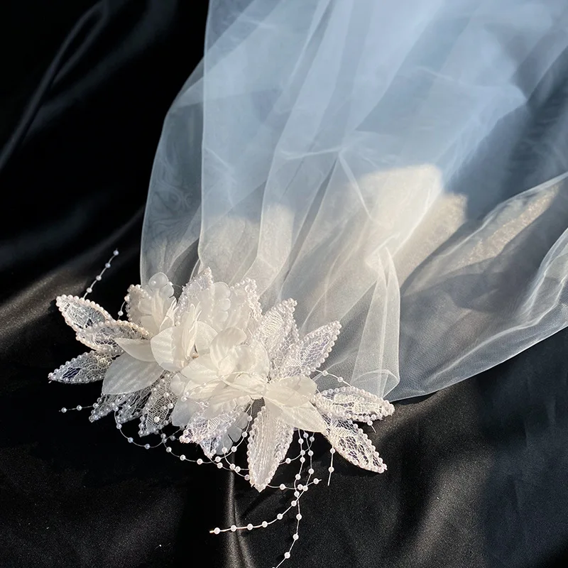 

Sen-Line Beautiful Bridal Wedding Veil Pearl Beaded Romantic Fairy Lace French Short Styling Headdress Wavy Edge Accessories