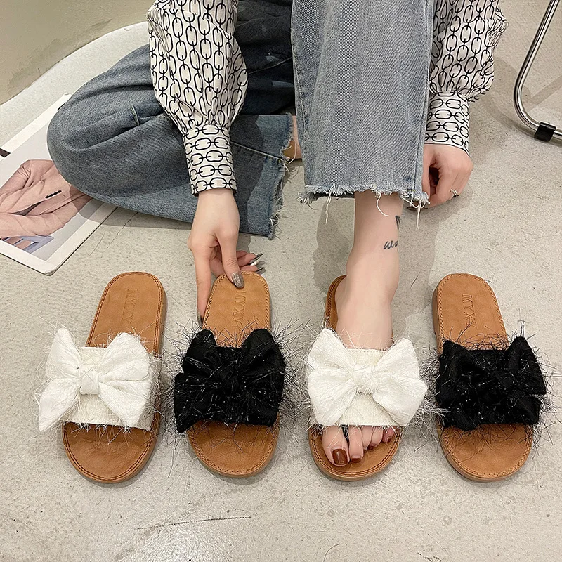 

Shoes Butterfly-Knot Slippers Casual Slipers Women Slides Luxury Flat Soft 2021 Rubber PU Fashion Basic Bonded Leather Microfibe