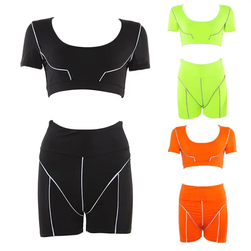 

Women Sport Outfits Neon Color Crop Top High Waist Shorts Reflective Tracksuit 875B