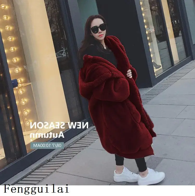wine red Зимнее теплое Женское пальто с капюшоном большого размера средней длины из одноцветного меха и искусственного меха, новинка, повседневное женское меховое пальто с длинным рукавом - Цвет: wine red