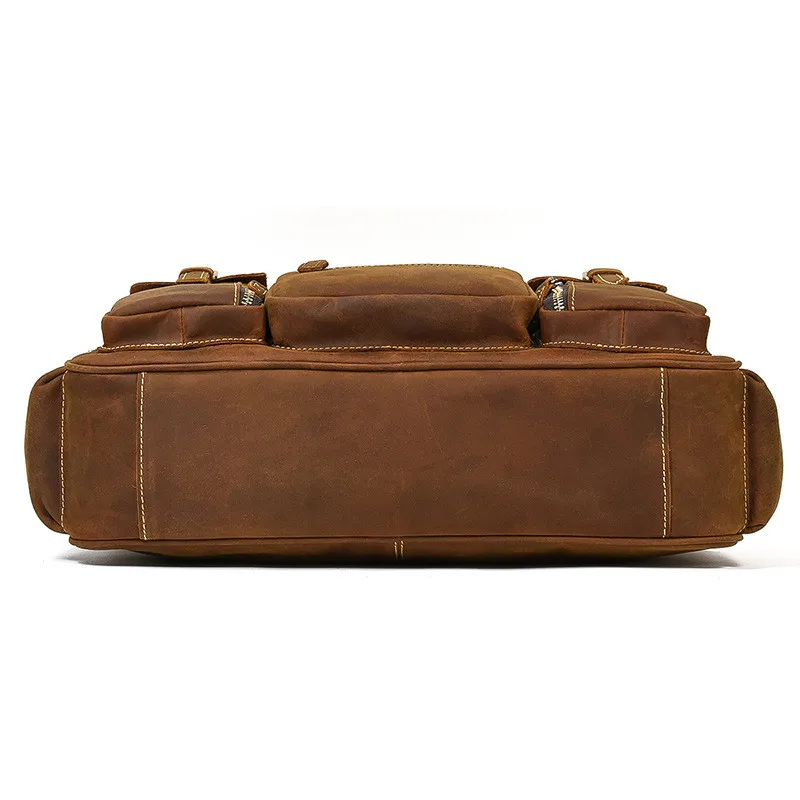 Vintage crazy horse cowhide men's briefcase business travel genuine leather handbag multi-pocket laptop shoulder messenger bag
