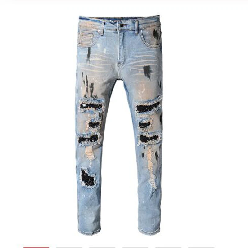

New Men's male vintage holes rivet patch slim skinny ripped jeans Casual trendy painted distressed denim beggar pants trousers