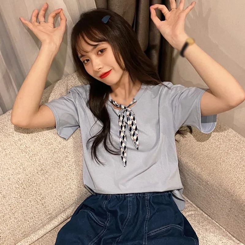 

O Summer Fashion T-shirt Temperament Round Neck Short Sleeve Solid Color Tops