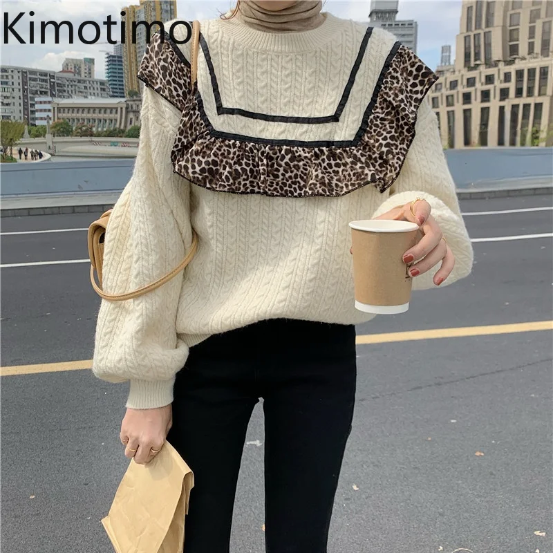 

Kimotimo Autumn Winter Sweater Women O-neck Leopard Print Patchwork Design Pullover Korean Ins Lantern Sleeve Loose Sweaters
